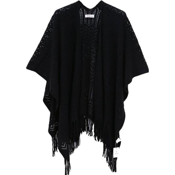Knit Shawl Wrap - Fringe Poncho Cardigan Cape Black - Picture 1 of 7